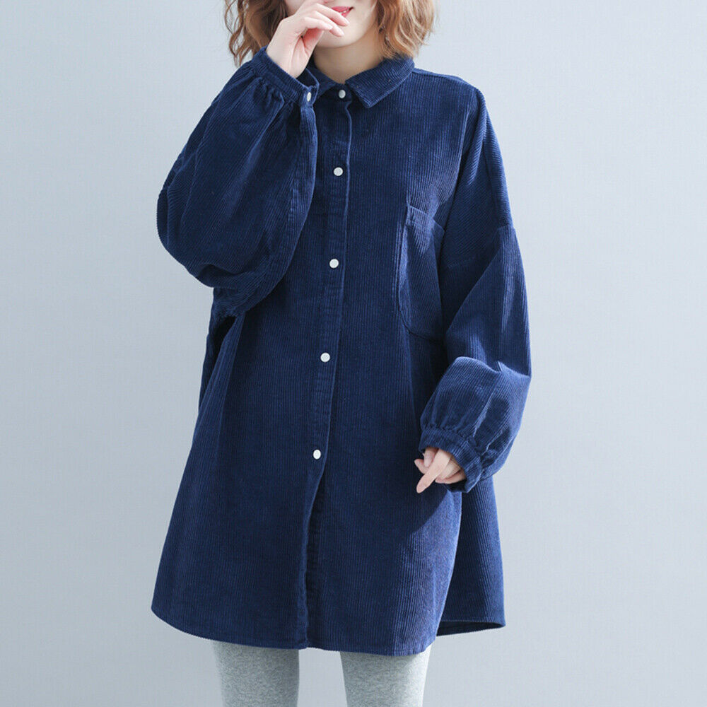 Womens Lady Corduroy Long Sleeve Shirt Oversized Loose Longline Cord Blouse Top