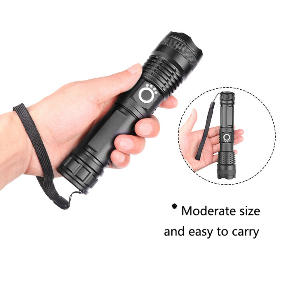 Bright XHP50 LED Flashlight USB Rechargeable Zoom Torch Light Outdoor Lamp