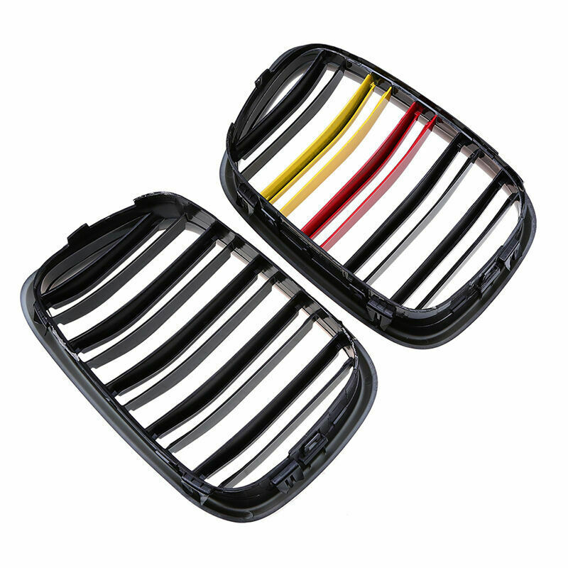 For BMW E39 5 Series 1997-2002 Pair Gloss Black Front Grille Grills Double Line