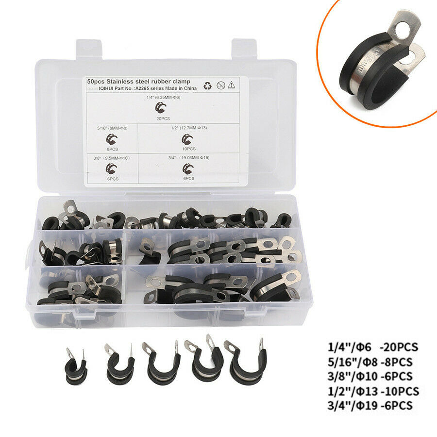 50*Cable Clamps 1/4'' 3/8'' 5/16'' Assortment Rubber Cushion Insulated Clamp