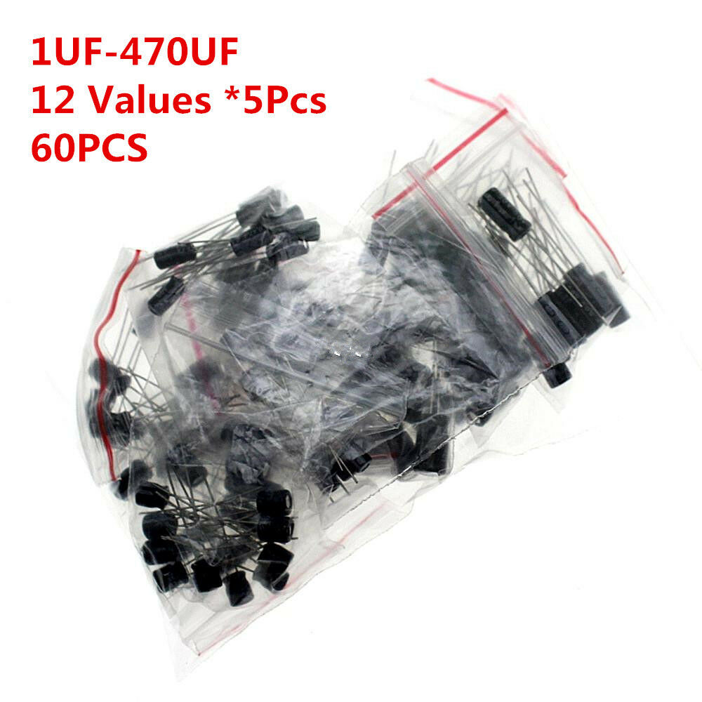 60pcs 12 Values 1uF-470uF Assorted Electrolytic Capacitor Assortment Kit Radial