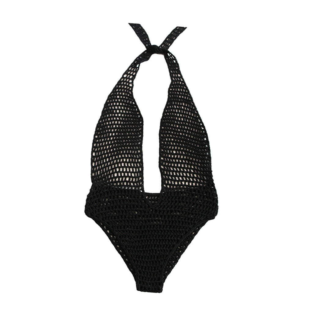 Women Black Crochet Knit Beach Bikini Monokini Halter Deep V-neck Swimwear L