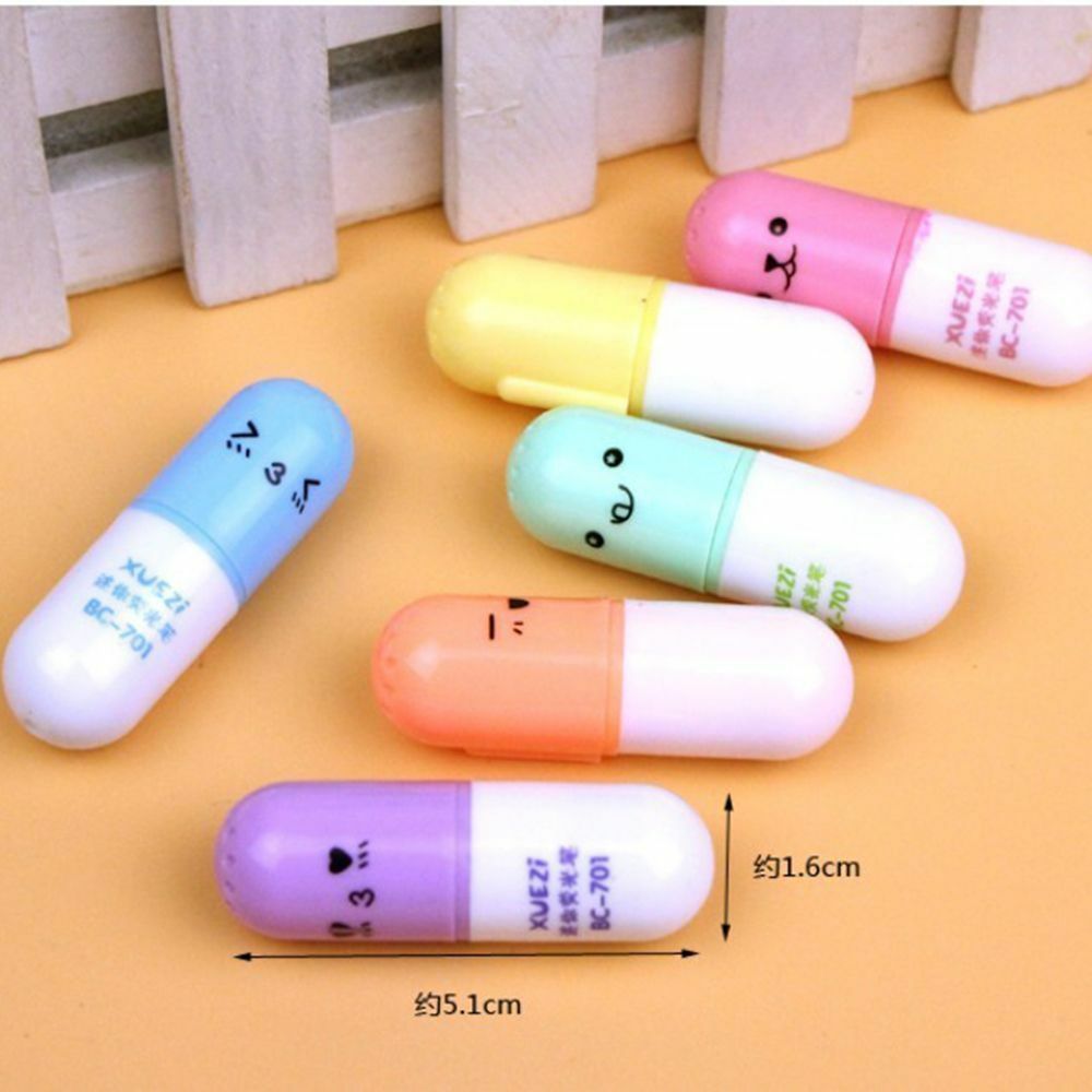 6pcs Cute Smiling Face Pill Highlighter Pens Stationery School Office Supplies