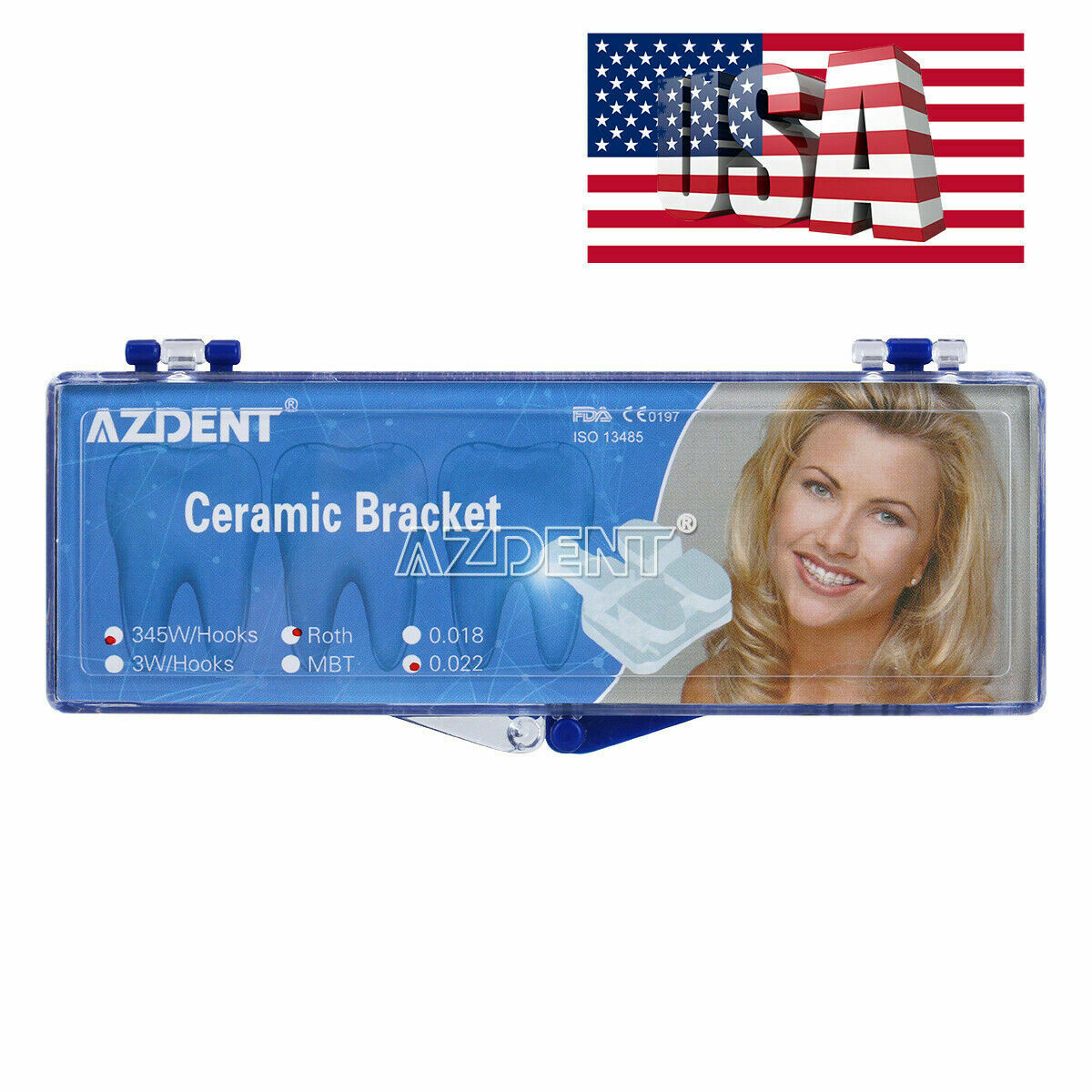 5Packs AZDENT Dental Ceramic Orthodontic Bracket 5*5 Roth 0.22 Braces Hooks 345