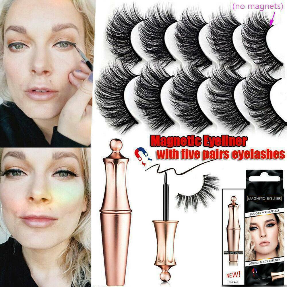 5 Pairs/Set Natural Magnetic False Eyelashes With Liquid Eyeliner Long Lasting !
