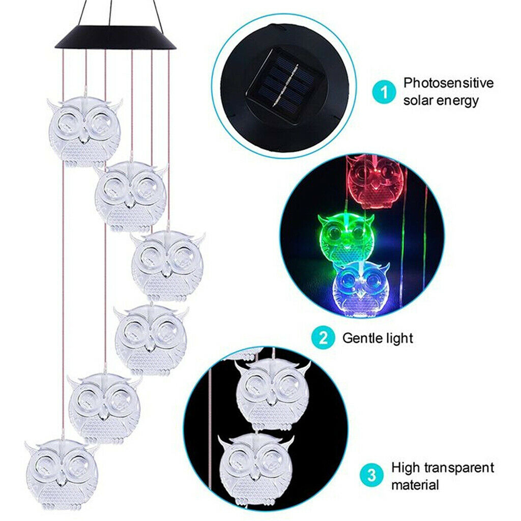 Owl Shape Solar Wind Chime Wind Bell LED Lamp Light Home Landscape Ornament