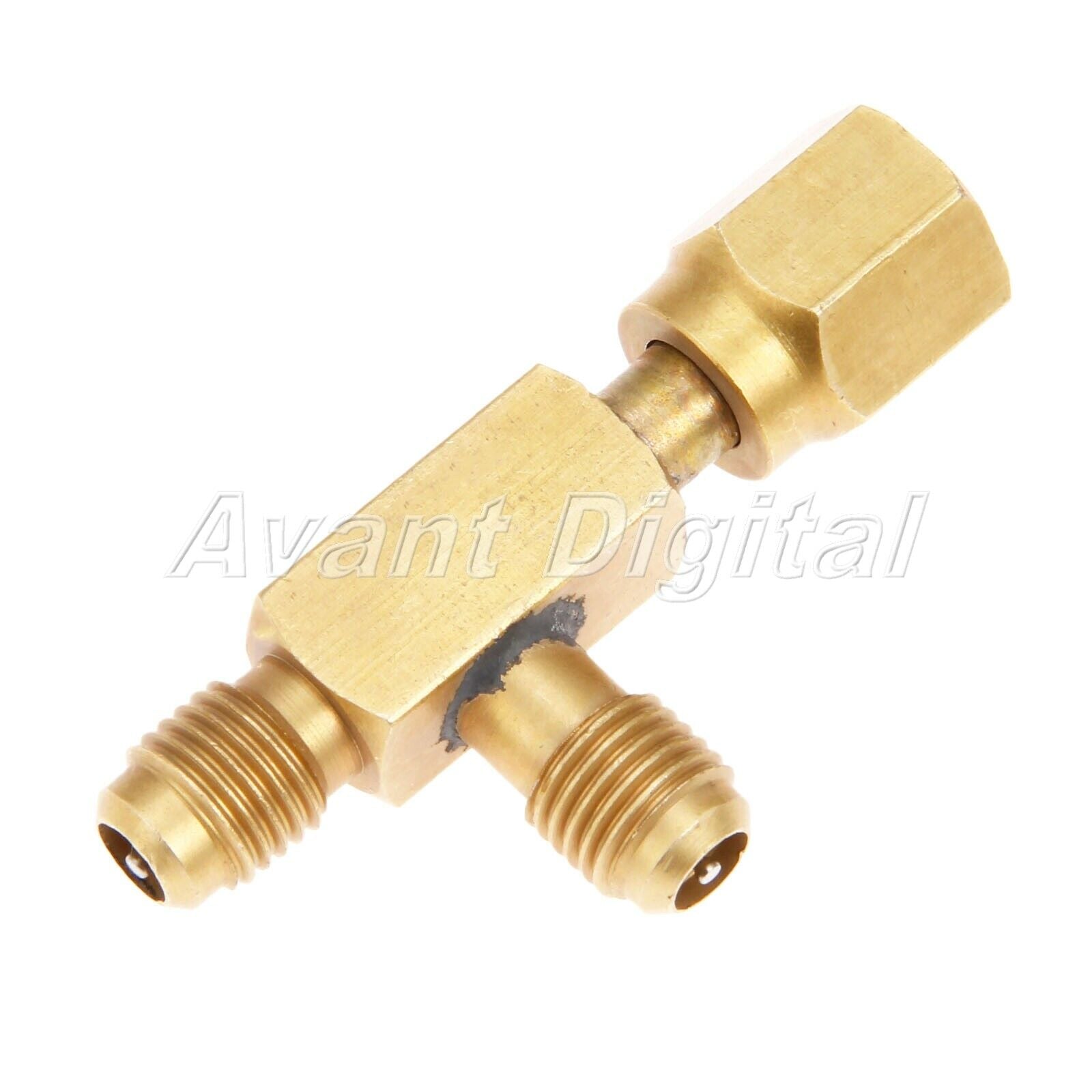 1/4" Tee Adapter Solid Brass c/w Valves Core & Seal Rings Male Flare Connector