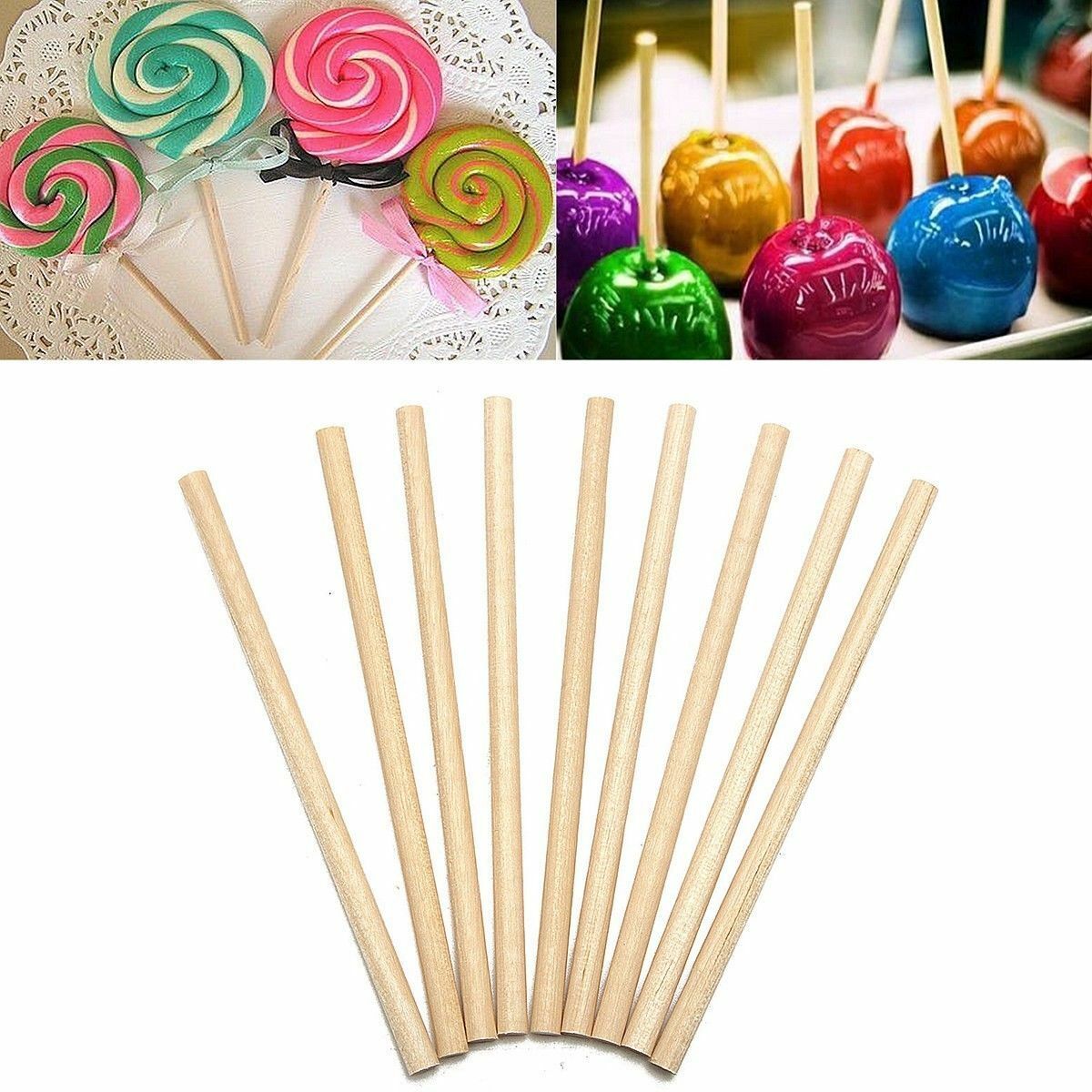 100Pcs 80mm Round Wooden Lollipop Lolly Sticks Cake Dowels For DIY Food Crafts