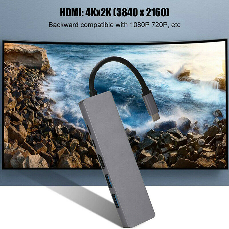 Type C Hub Adapter 6 in 1 USB C to Ethernet RJ45/ 4K HDMI/ 2 USB 3.0 Po LpC XC