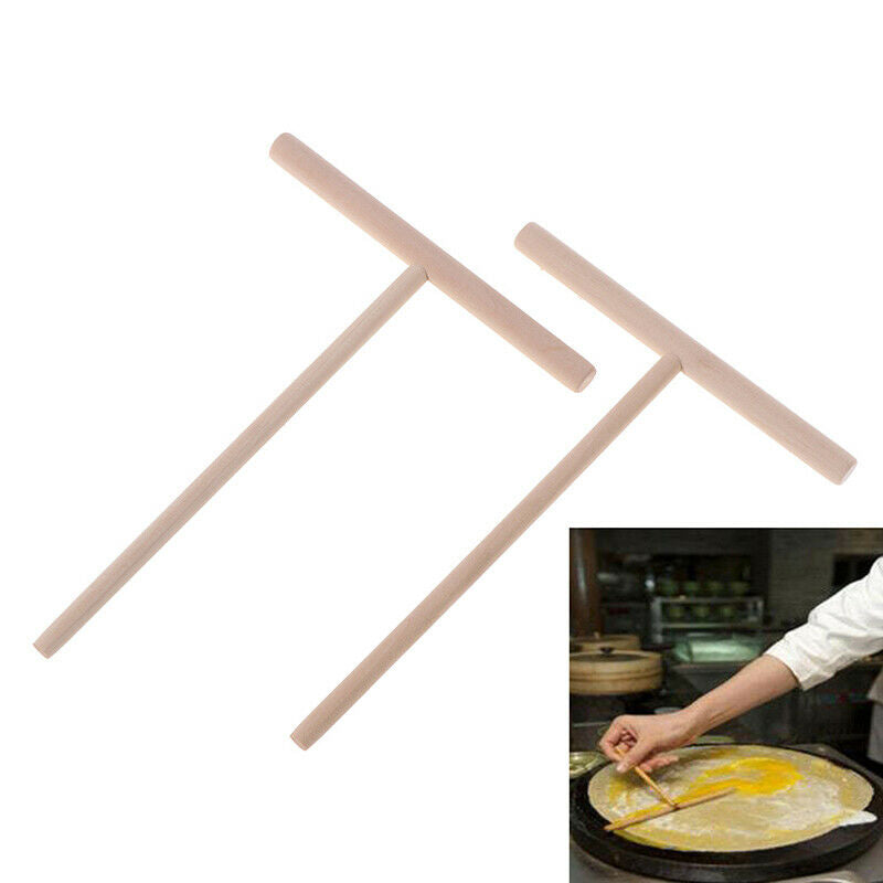 2Pcs T Shape Wooden Rake Round Batter Pancake Crepe Spreader Kitchen Too.l8