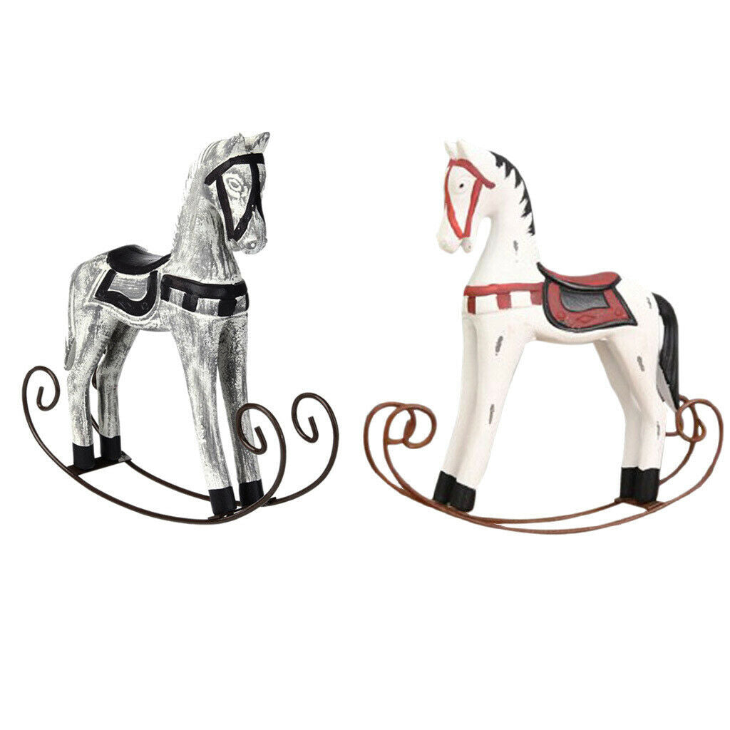 2x Nordic Wooden Rocking Horse Statue Wedding Decor Wood Horse Crafts DIY Bar
