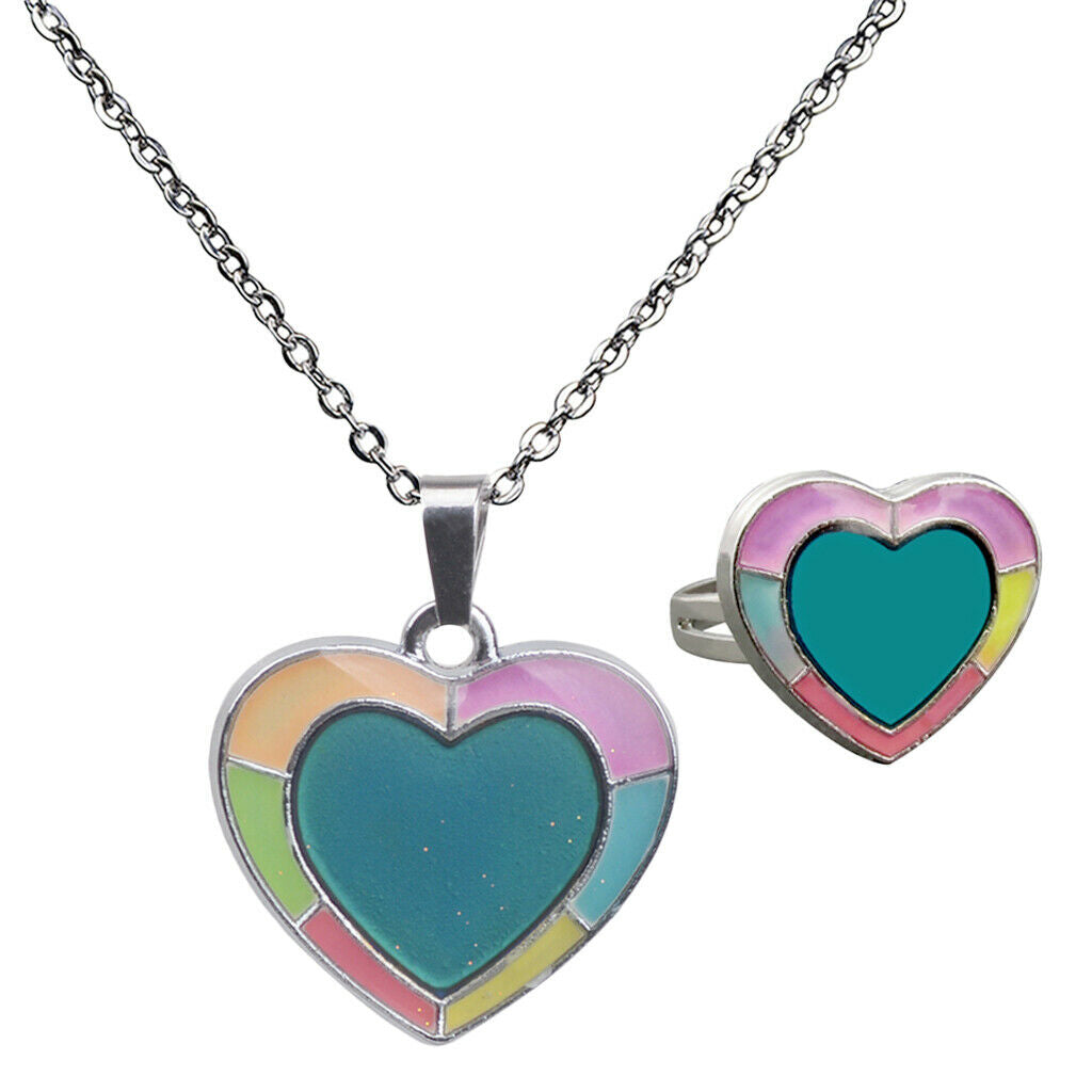 Womens Magic Heart Shape Mood Change Color Heart Necklace Ring Jewelry Set
