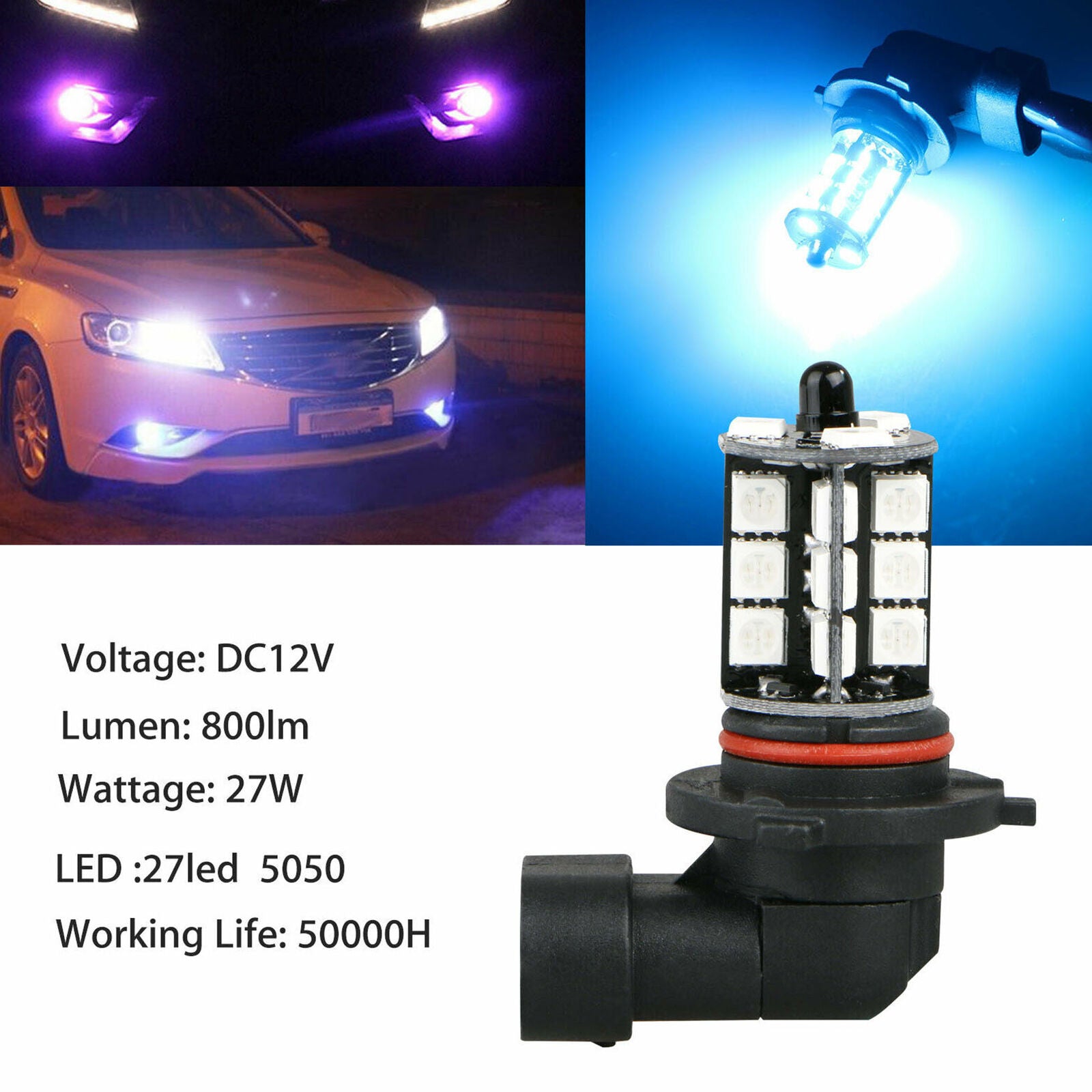 2x 9006 LED 27-SMD 5050 RGB Car Headlight Fog Light Lamp Bulb + Remote Control