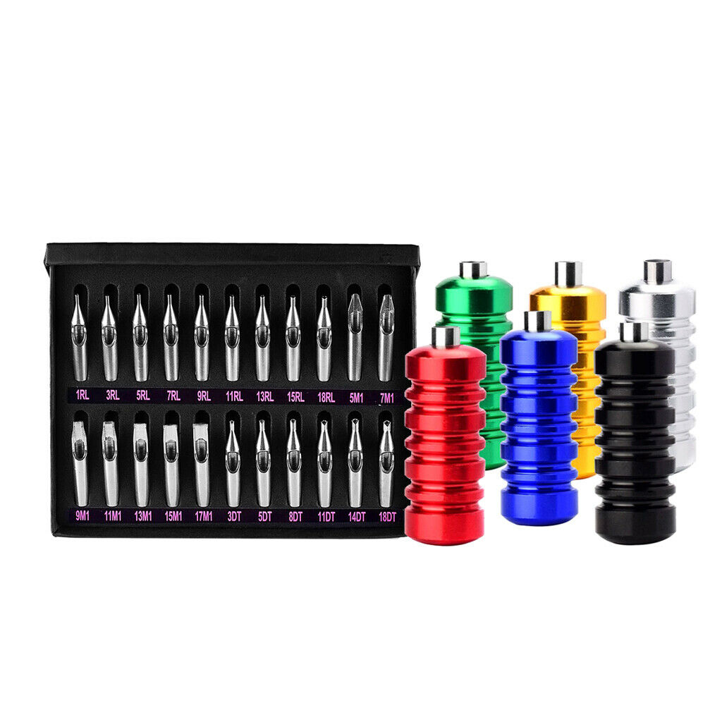 22Pcs Stainless Steel Tattoo Nozzles Tips + 6Pcs Aluminum Ribbed Grips Set