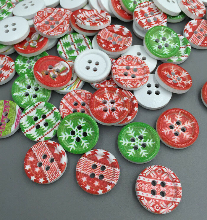 100pcs Mixed Christmas Wooden Buttons Fit Sewing Scrapbook 4 Holes 18mm