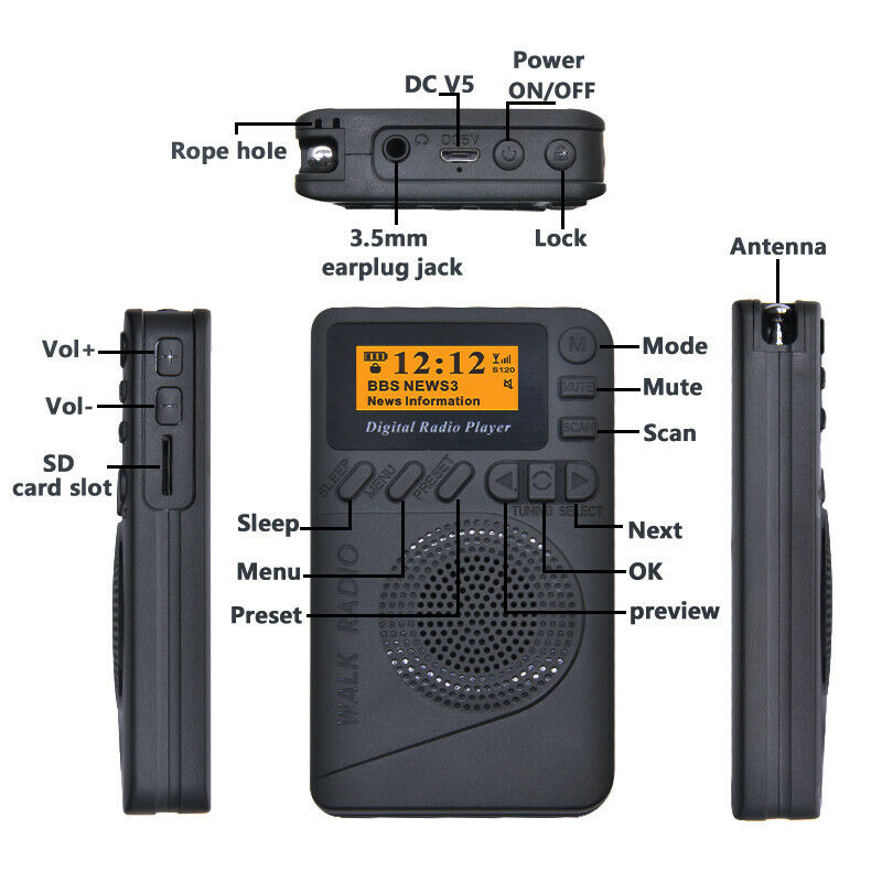 Portable Black Pocket Digital DAB/ DAB+ FM Radio Speaker MP3 Play Rechargable