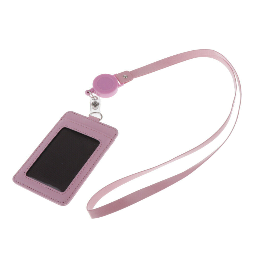 2-Sided Vertical Pu Leather Badge Card Holder Neck Strap Lanyard Pink