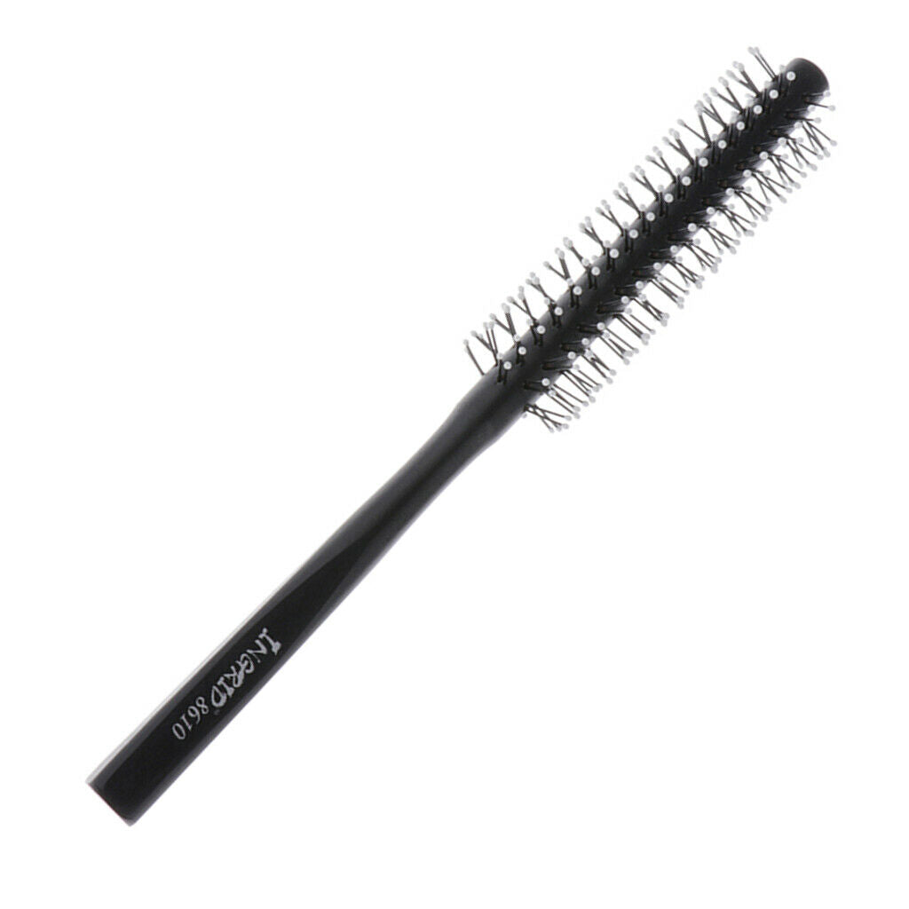 Small Mini Round Hair Brush Nylon Bristles, Black Long Wood Handle Hair