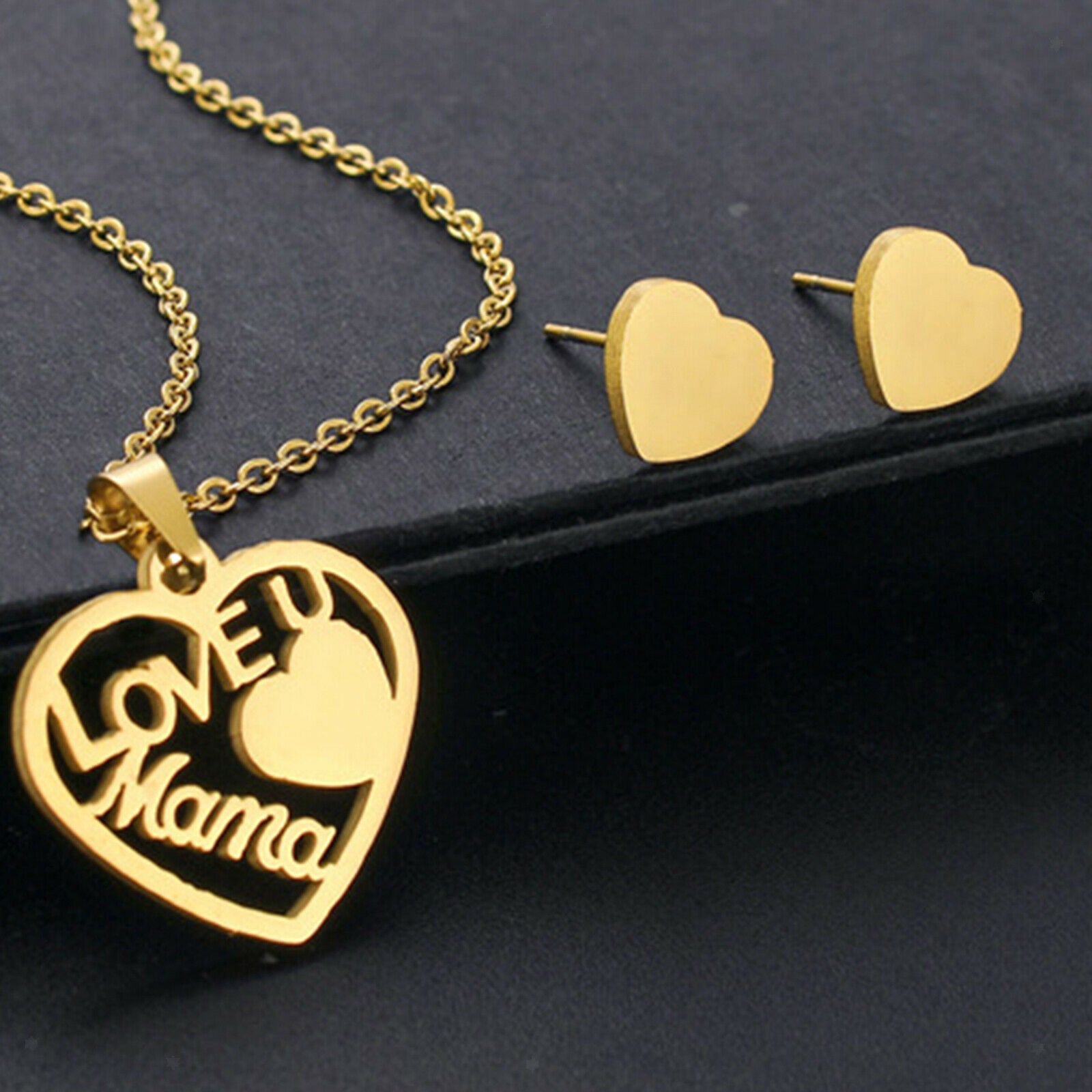 Love Mom Heart Pendant Necklace with 2 Ear Stud Earrings Stainless Steel