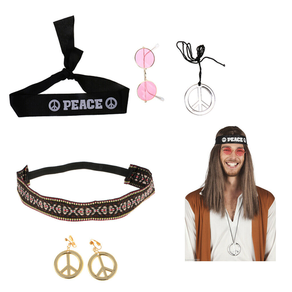 Hippie Costume Accessories Set for Women & Men - Pack of 5 Pieces - 60s 70s