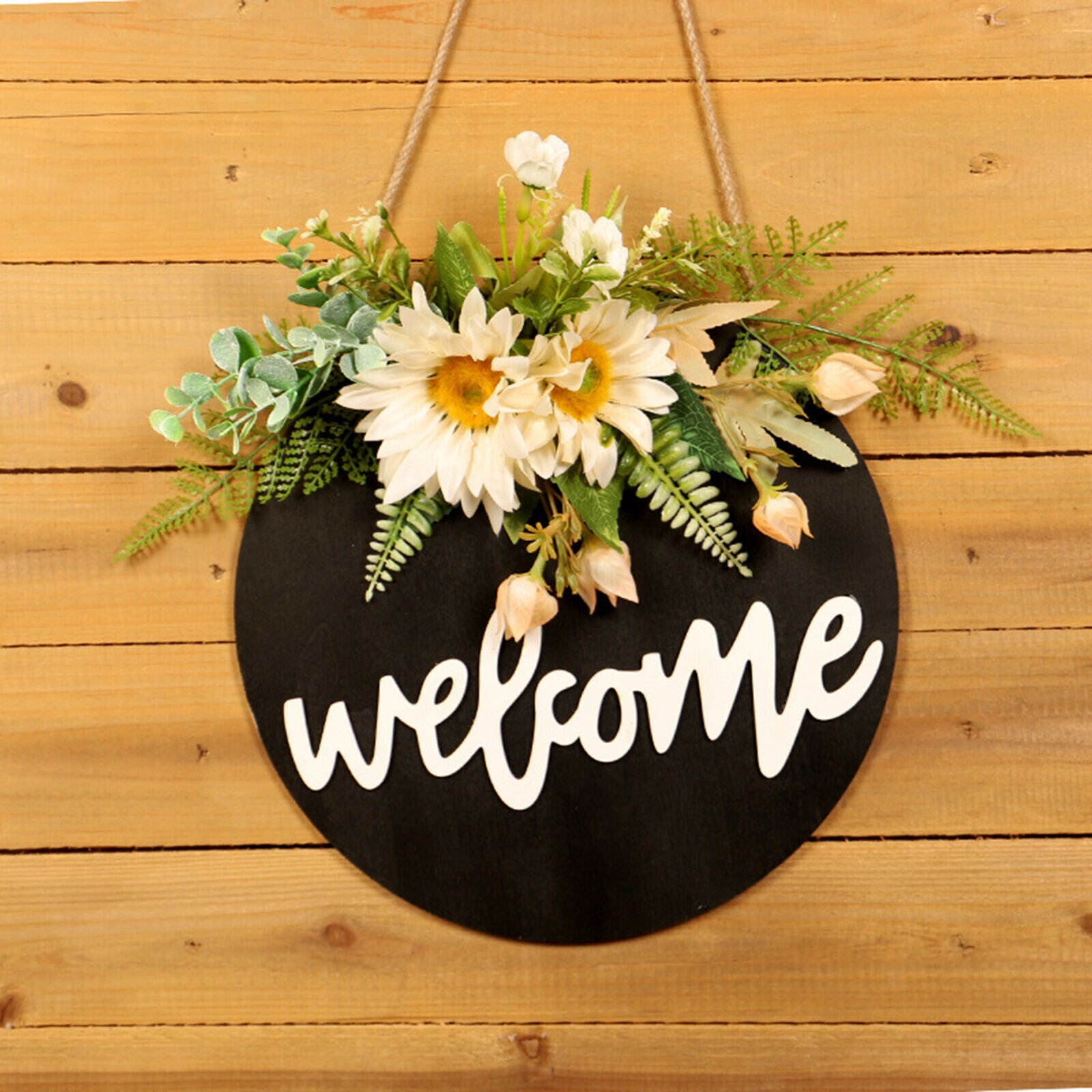 16'' Wood Welcome Sign Green Leaves Outdoor Front Door Decoration Accessory