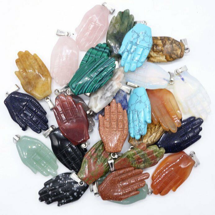 15Pcs 44x26x9mm Multicolor Mixed Stone Carved Buddha's Hand Pendant Bead HH6825