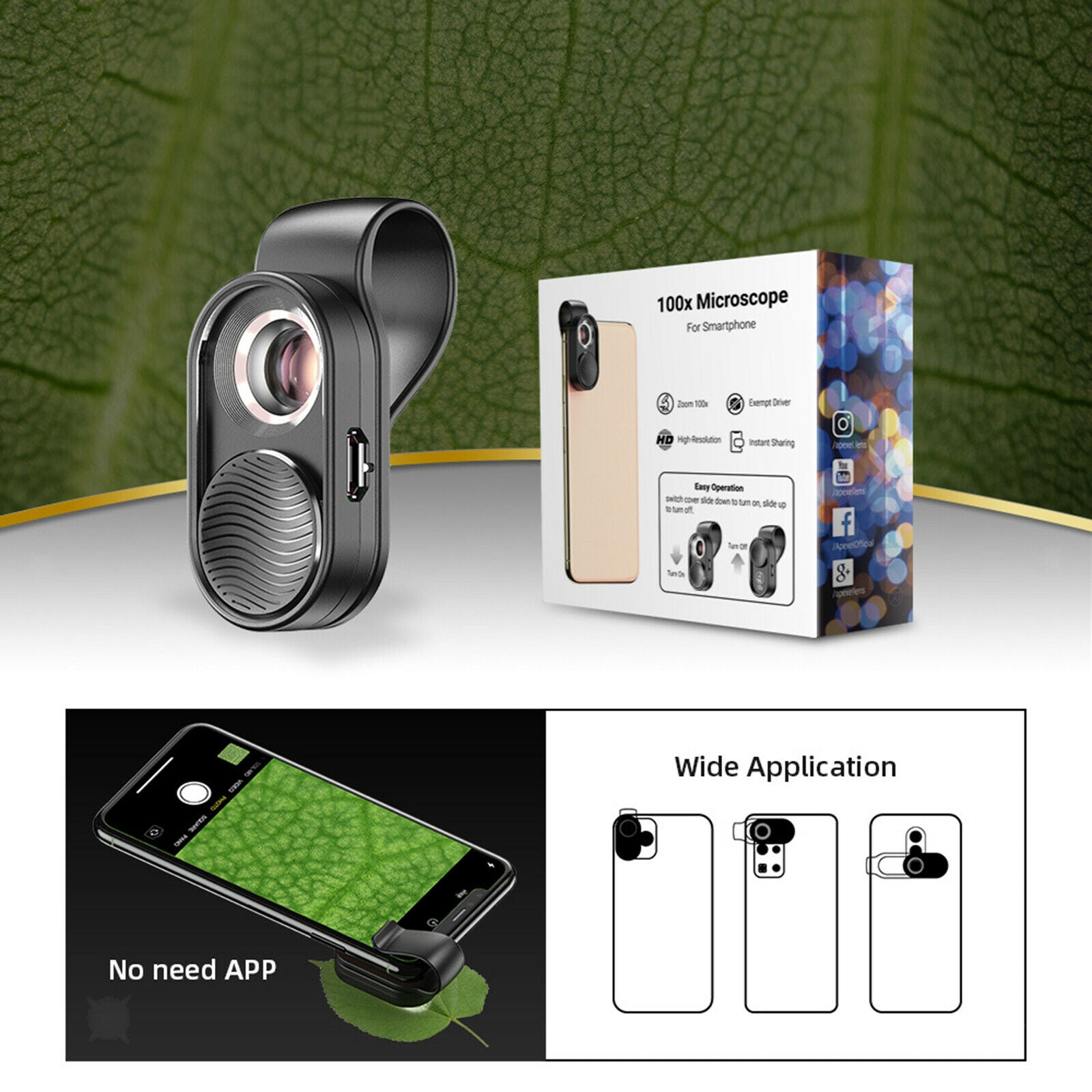 Portable 100x Mini Microscope LED Lens fits Smartphone Easy Carry for Kid
