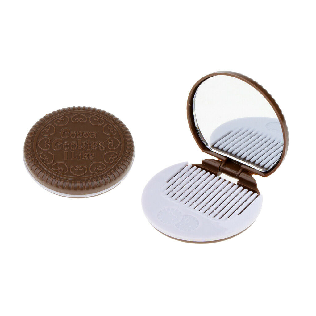 2 Round Folding Makeup Mirror Compact with Comb Pocket Biscuit Size Cute Brown
