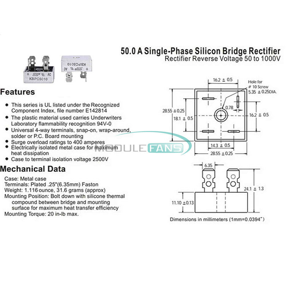 2PCS 250A 1000V Metal Case Single Phases Diode KBPC5010 Bridge Rectifier Module