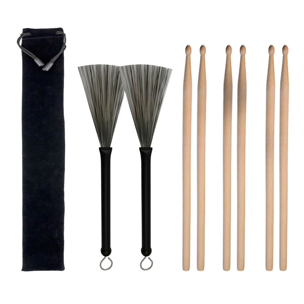 Drum Sticks 5A & 1 Pair Retractable Drum Wire Brushes w/ a Storage Bag
