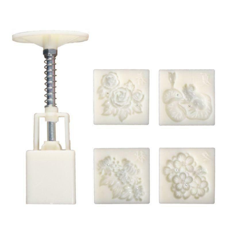 Four Season Flowers Square Hand Pressed Mooncake Mold 4 Stamps Baking Tools