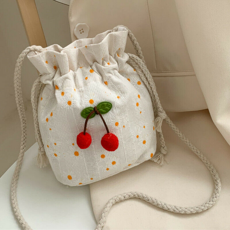 Girls Bucket Bag Canvas Floral Crossbody Handbag Drawstring Sack Cherry Ornament