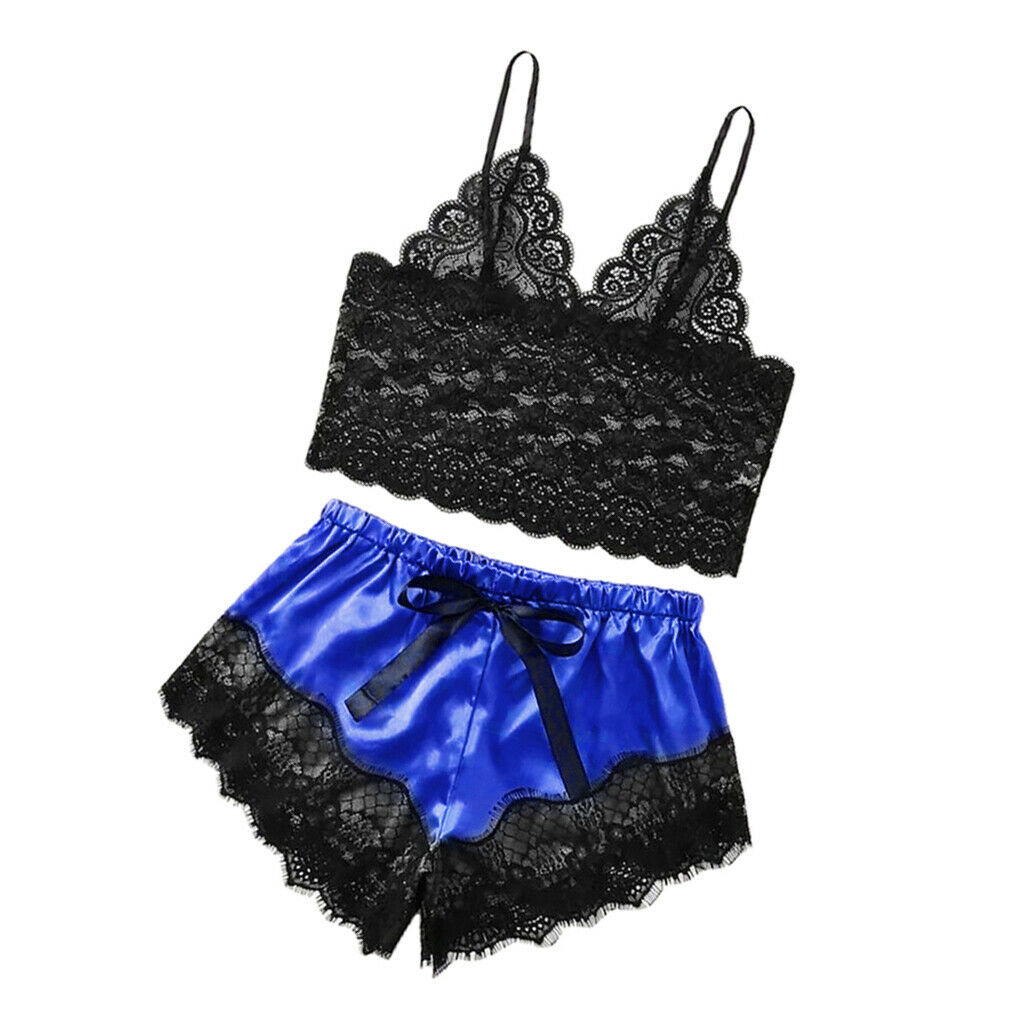 Women Pajama Nightwear Lace Trim Floral Bralette Top & Shorts Royal Blue XXL