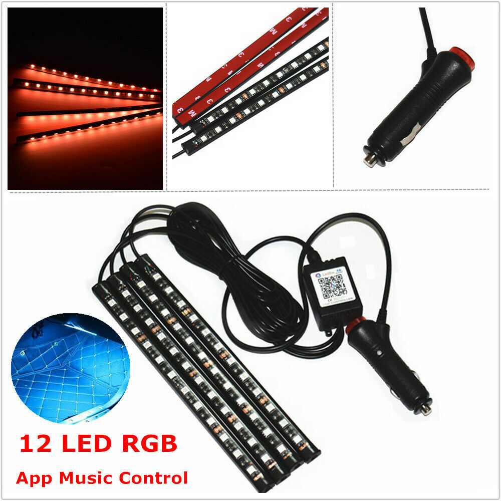4PCS 12 LED Auto Car Atmosphere RGB Phone App Music Control Strip Light Interior