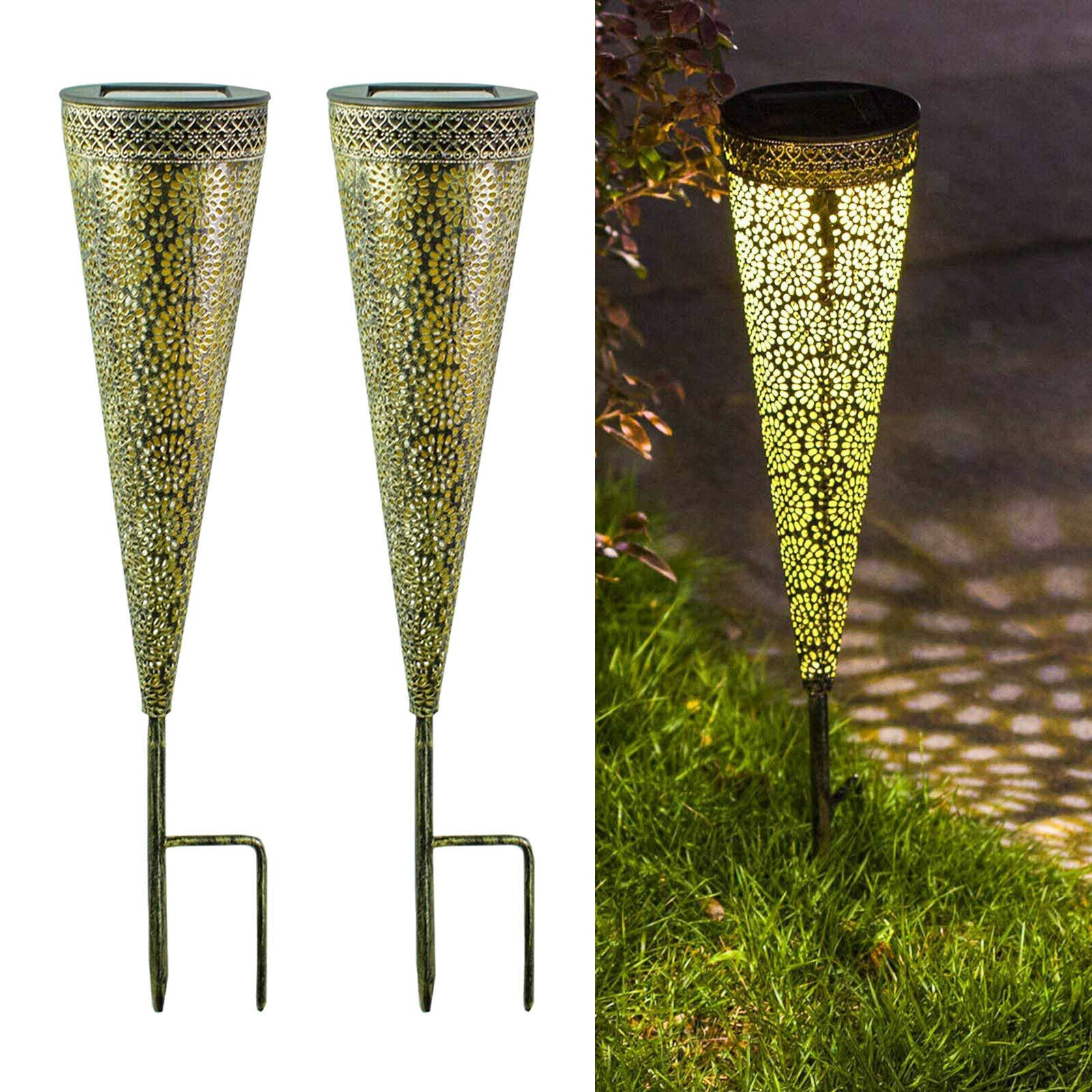 2x Garden Lamp Solar Powered Cone-shaped Standing Ornament Lights Waterproof