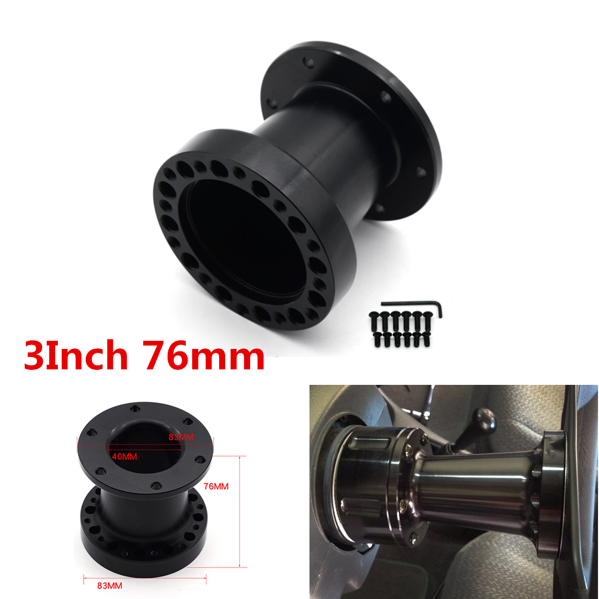 -XNUniversal 3 Inch 76mm Aluminum Spacer For Steering Wheel Hub Adapter Boss Kit