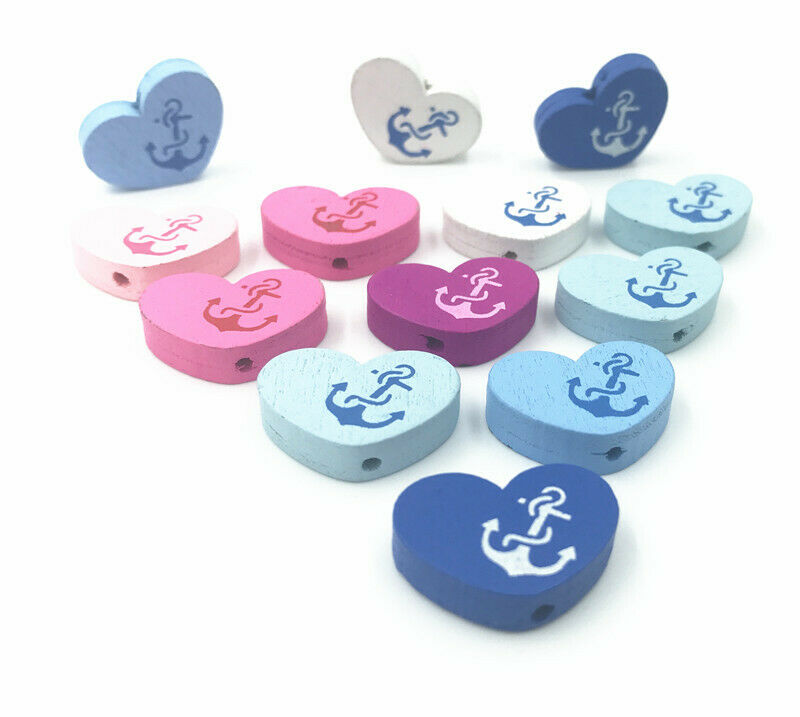 50X Wooden Heart-shaped Loose Beads DIY Accessories Anchors pattern 22mm
