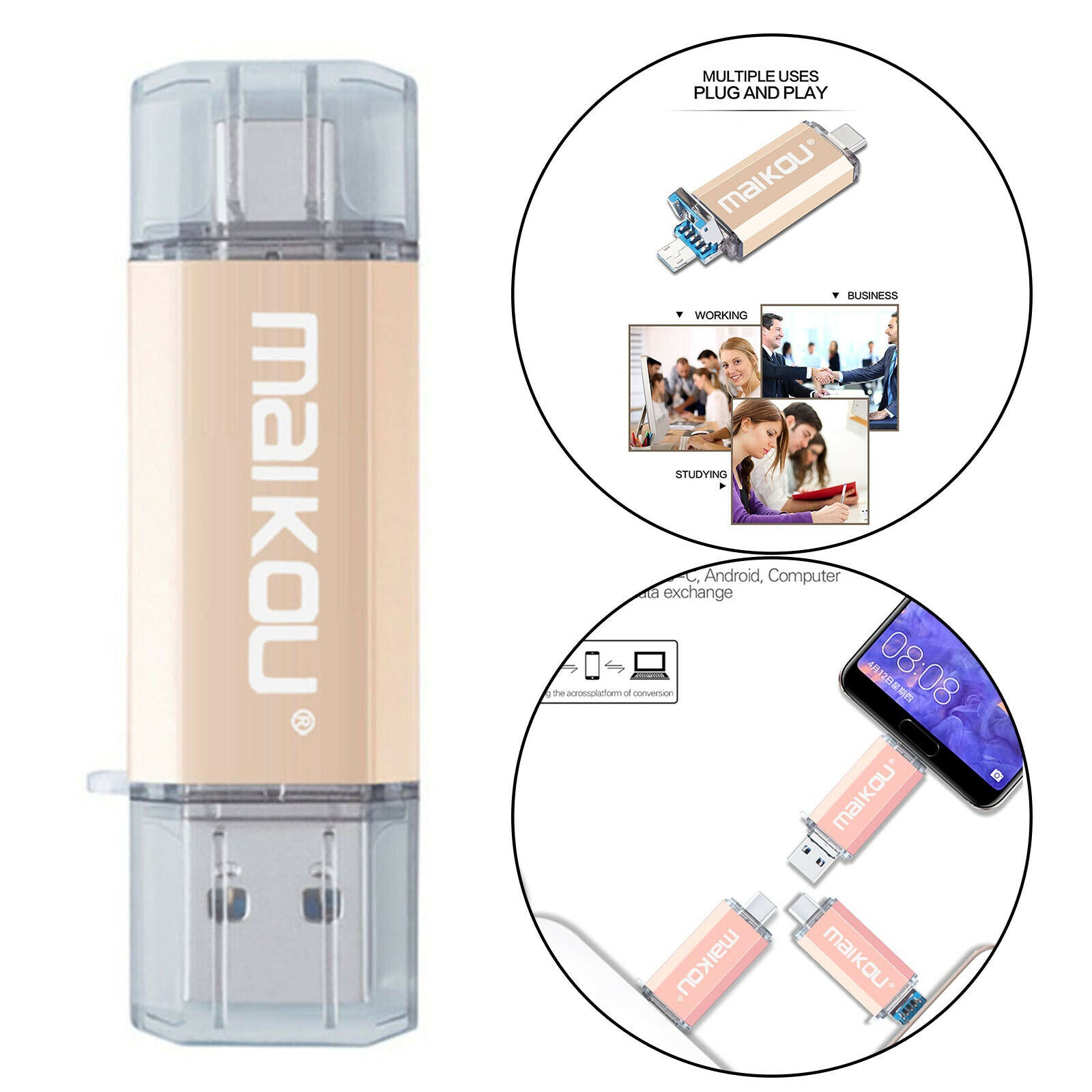 3-in-1 16G USB Flash Drive Type-C Micro USB Memory Stick Compact