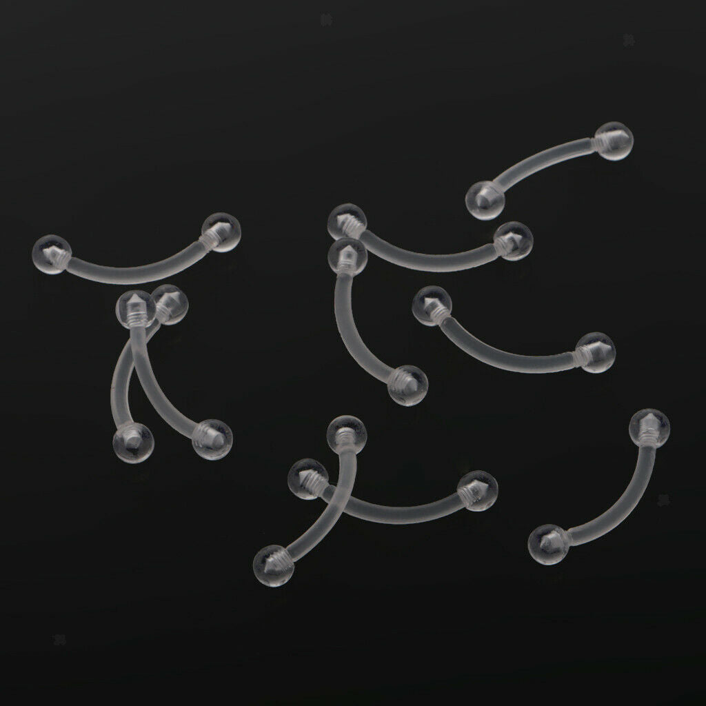 10 Pieces 18 Gauge Metal Allergy Free Clear Acrylic Curved Eyebrow Bars Labret