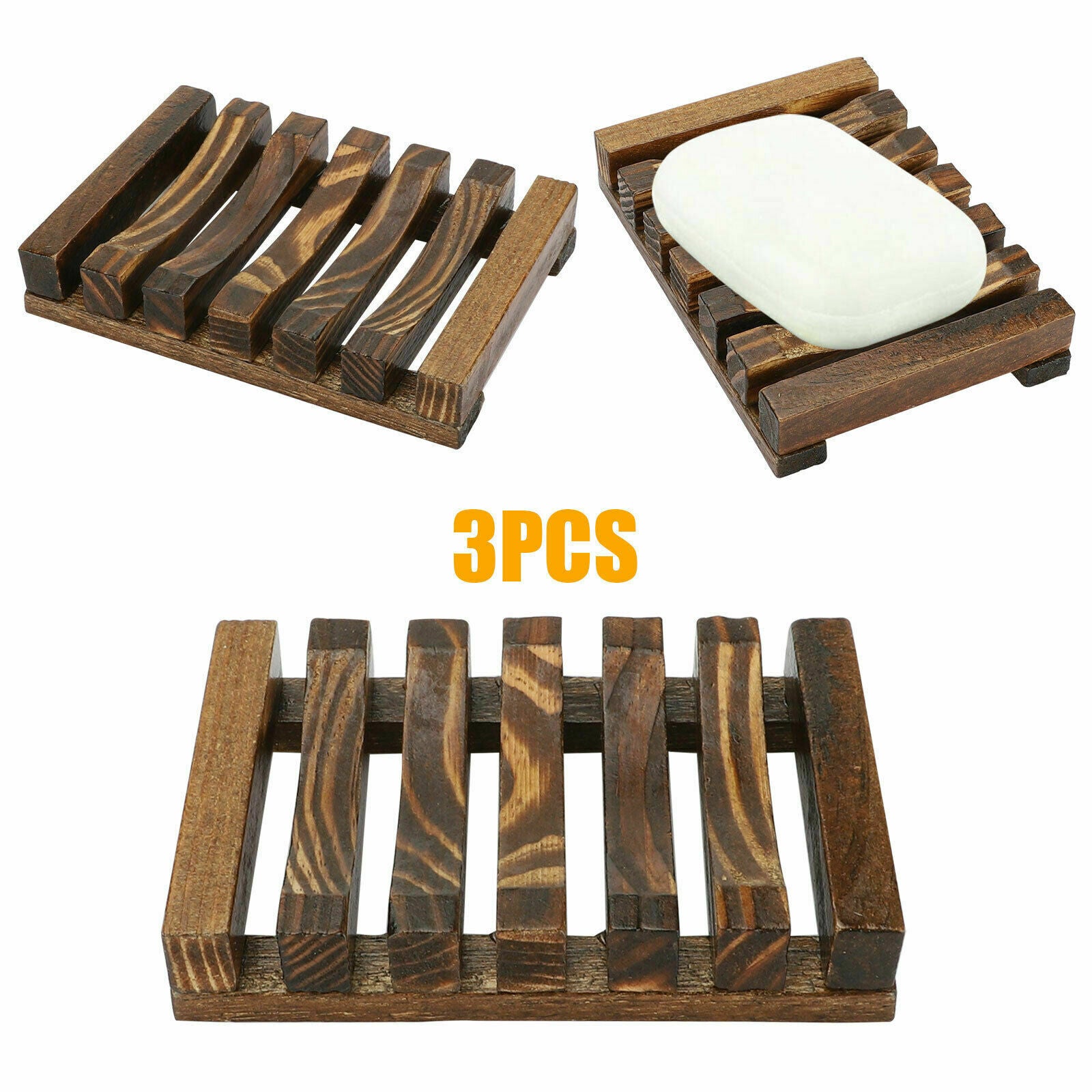 3pcs Wooden Bamboo Soap Dish Tray Storage Case Holder Container Kitchen Bathroom