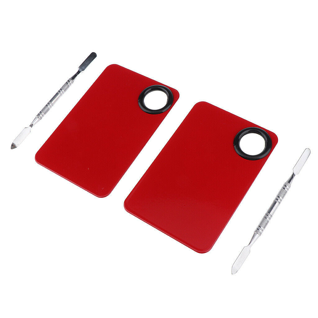 2x Retangle Nail Art Paint Makeup Foundation Mixing Palette w/ Spatula Set Red