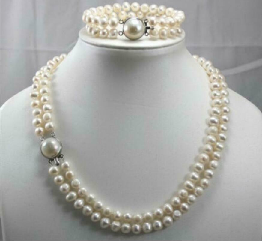 2 Row 7-8MM White Freshwater Cultured pearls Necklace Bracelet Set