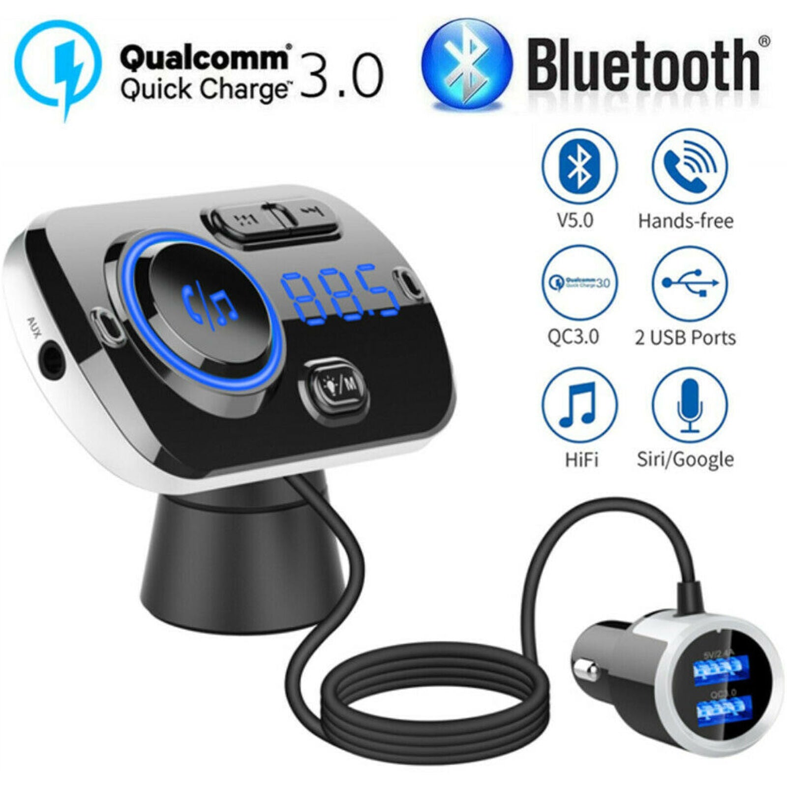 Bluetooth 4.2 Handsfree Car Kit FM Transmitter MP3 Player & USB Fast Charger AUX