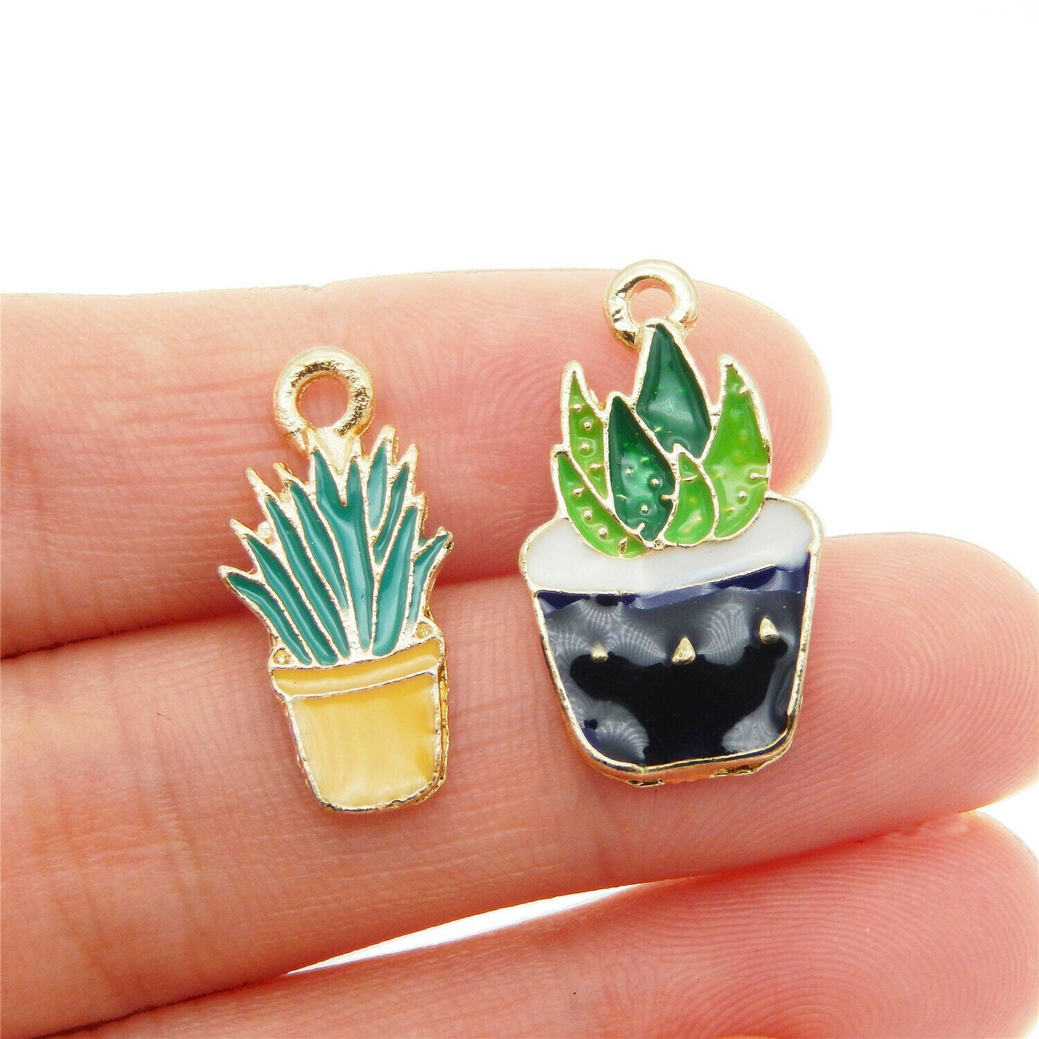 10 pcs Mixed Cactus Potted Plants Charms Enamel Plated Earring Pendant Findings