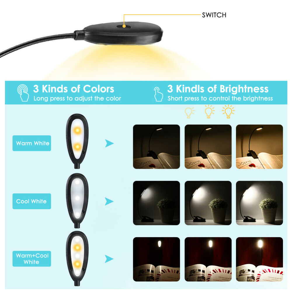 USB Rechargeable LED Book Light Flexible Clip On Book Light Night Reading Lamp