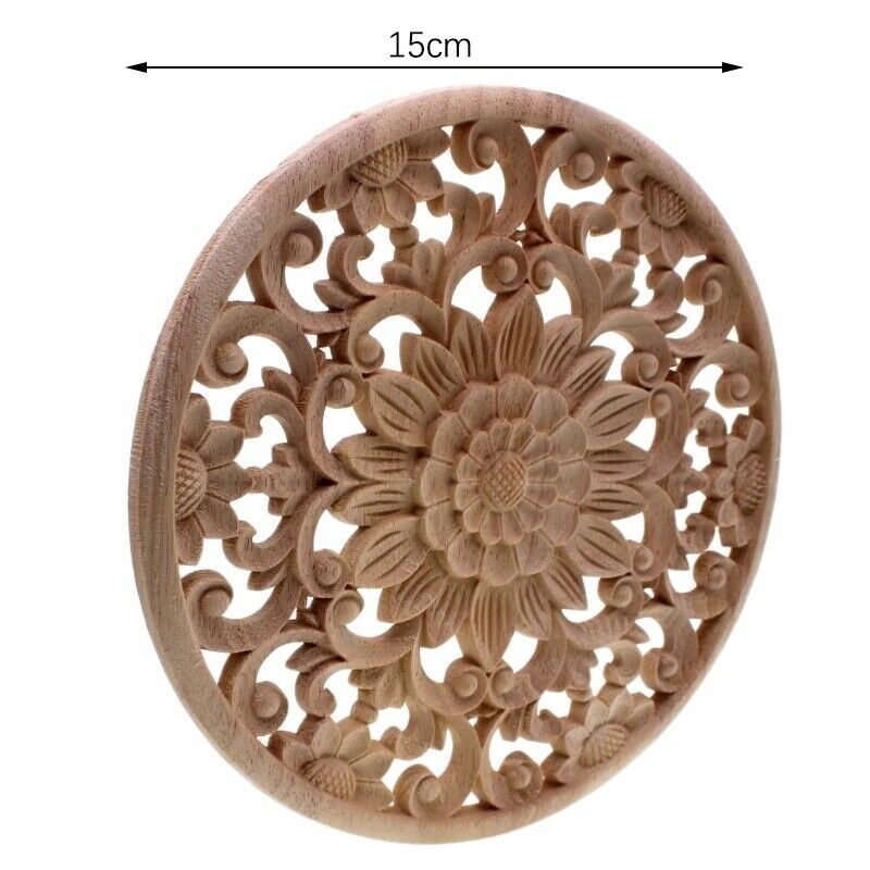 Carved Flower Carving Round Wood Appliques For Furniture Cabinet Unpainted WooF3