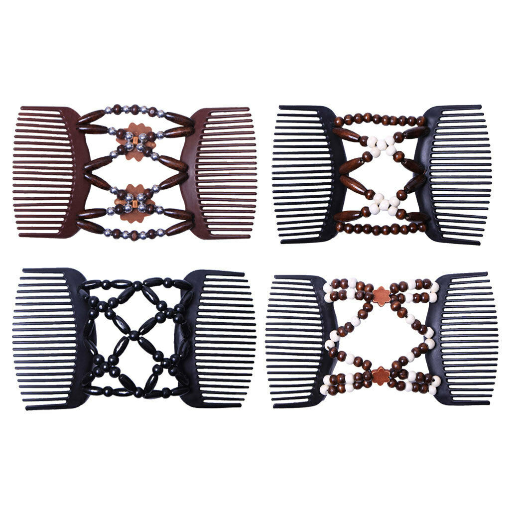 4x Wood Beads Double Hair Comb Ladies Hair Styling Slide Stretchy Clip
