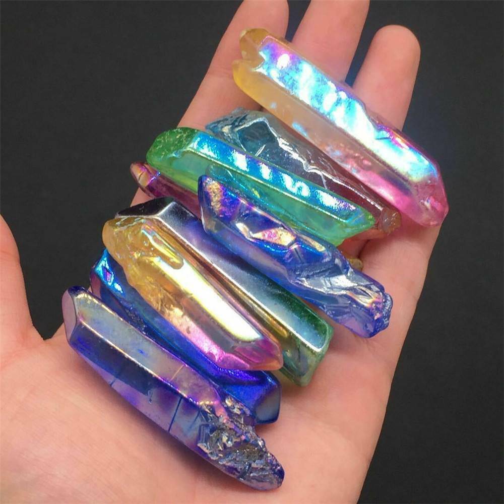 Lot Titanium Rainbow Aura Lemurian Quartz Crystal Point Healing Stone Decor