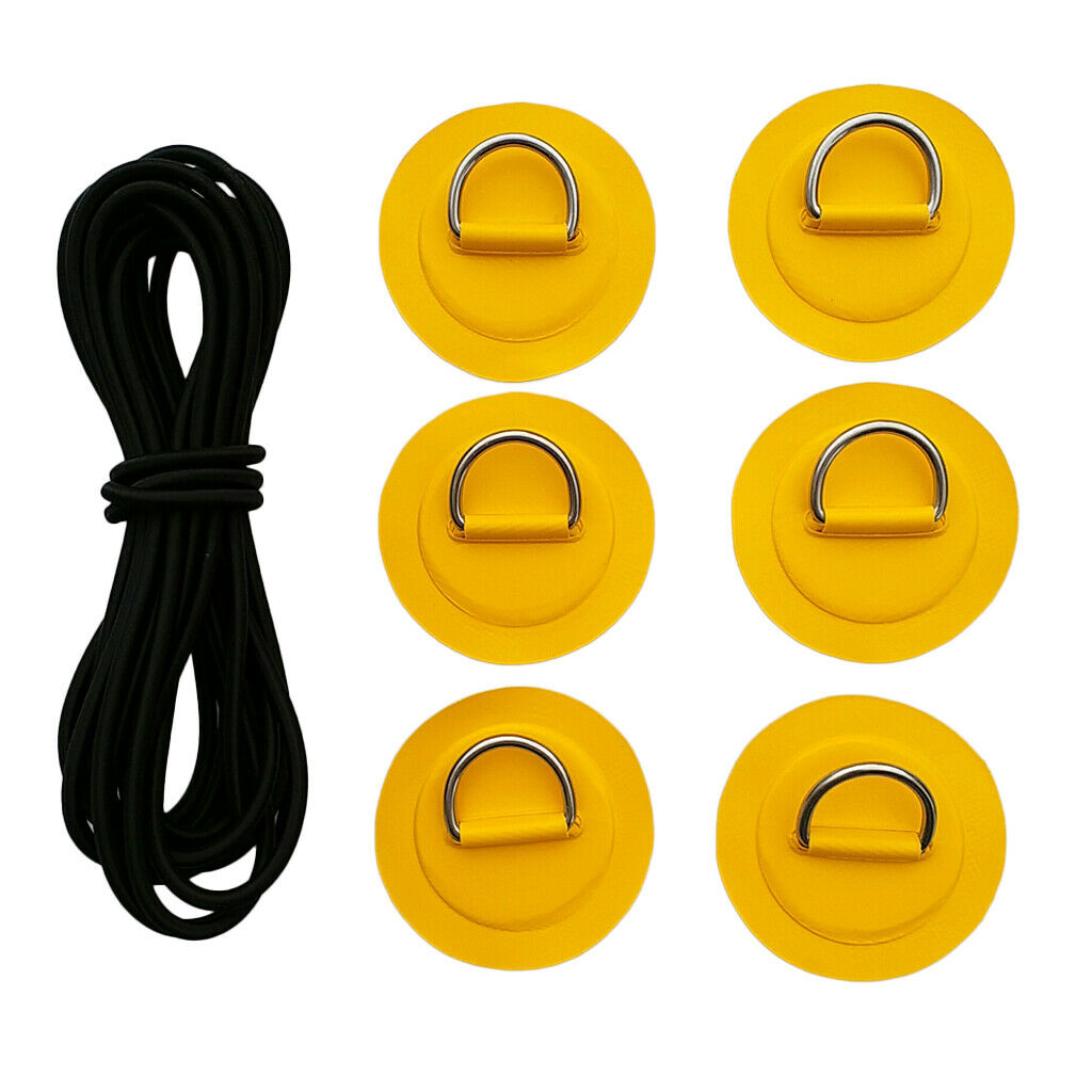 6 Pack Stainless Steel D-ring Patch Yellow Pad + 5m Black Shock Cord for Kayak