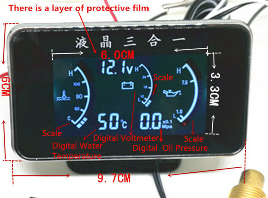 3In1 LCD Car Oil Pressure/Voltmeter Voltage/Water Temperature Gauge Meter 12/24V